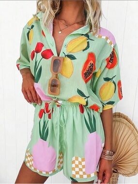 SHEIN Mint Green Fruit & Floral Print Two-Piece Set with Pink Accents